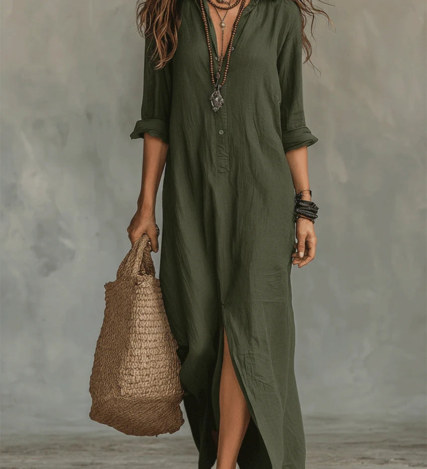 Soline™ | Maxi zwarte jurk met knopen