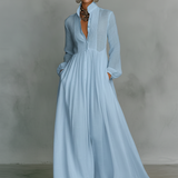 Patchwork Linnen Maxi Jurk Met Staande Kraag