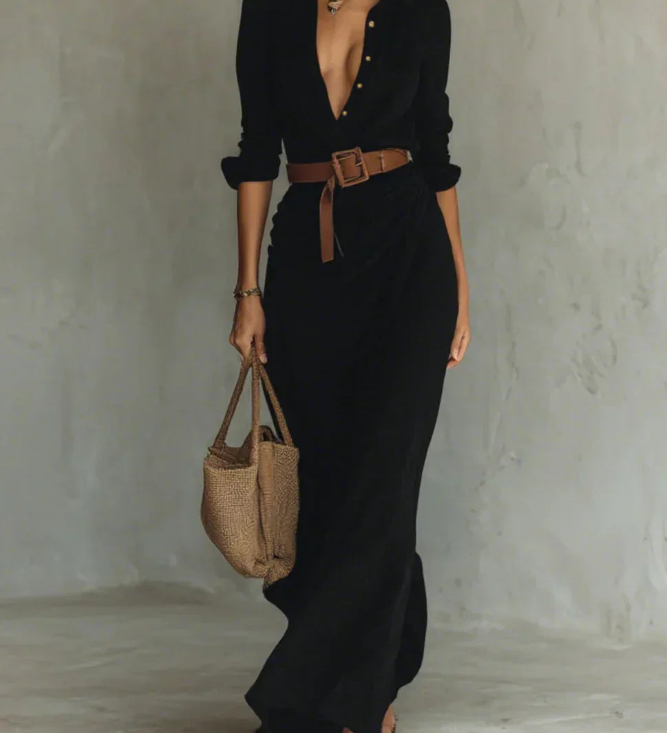 Camille™ | Maxi jurk met revers en ceintuur in de taille