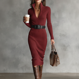 Midi Tricot Jurk Met V-Hals Slim Fit