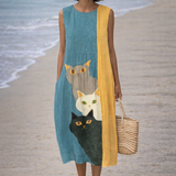 Paola | Vintage jurk met artistiek patroon van grappige katten