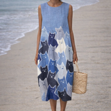 Avellana | Midi-jurk met kunst patchwork van katten