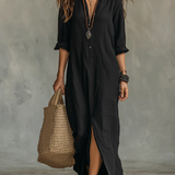 Soline™ | Maxi zwarte jurk met knopen
